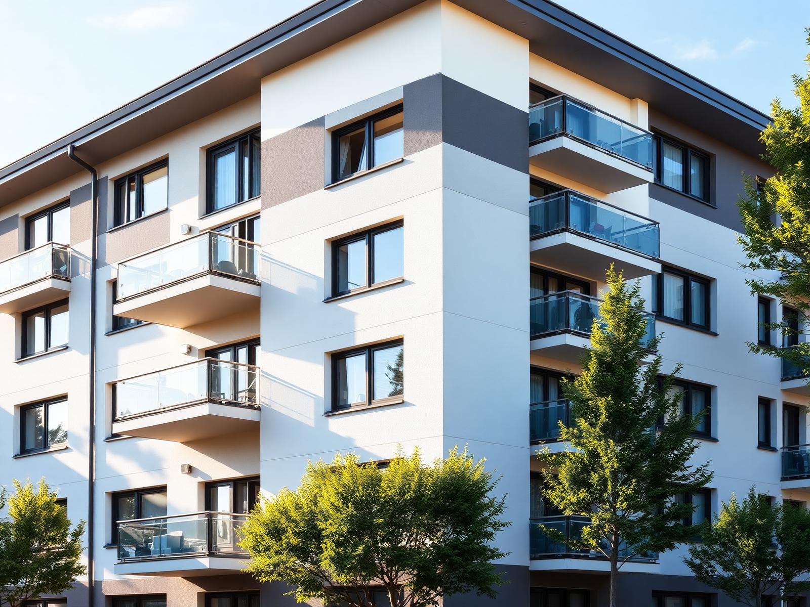 Modernes Mehrfamilienhaus mit hellen Balkonen
